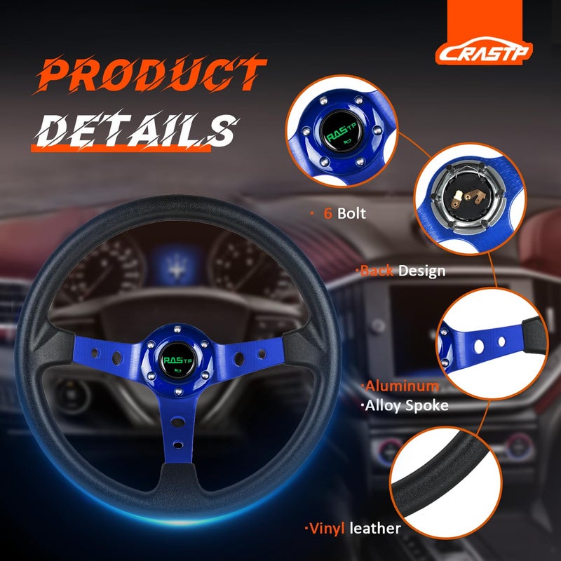 RASTP Universal Racing Steering Wheel,Drifting Deep Dish Steering Wheel 13.8â€/350mm 6 Bolts Grip Vinyl Leather & Aluminum with Horn Button for Car -Blue - Image 2